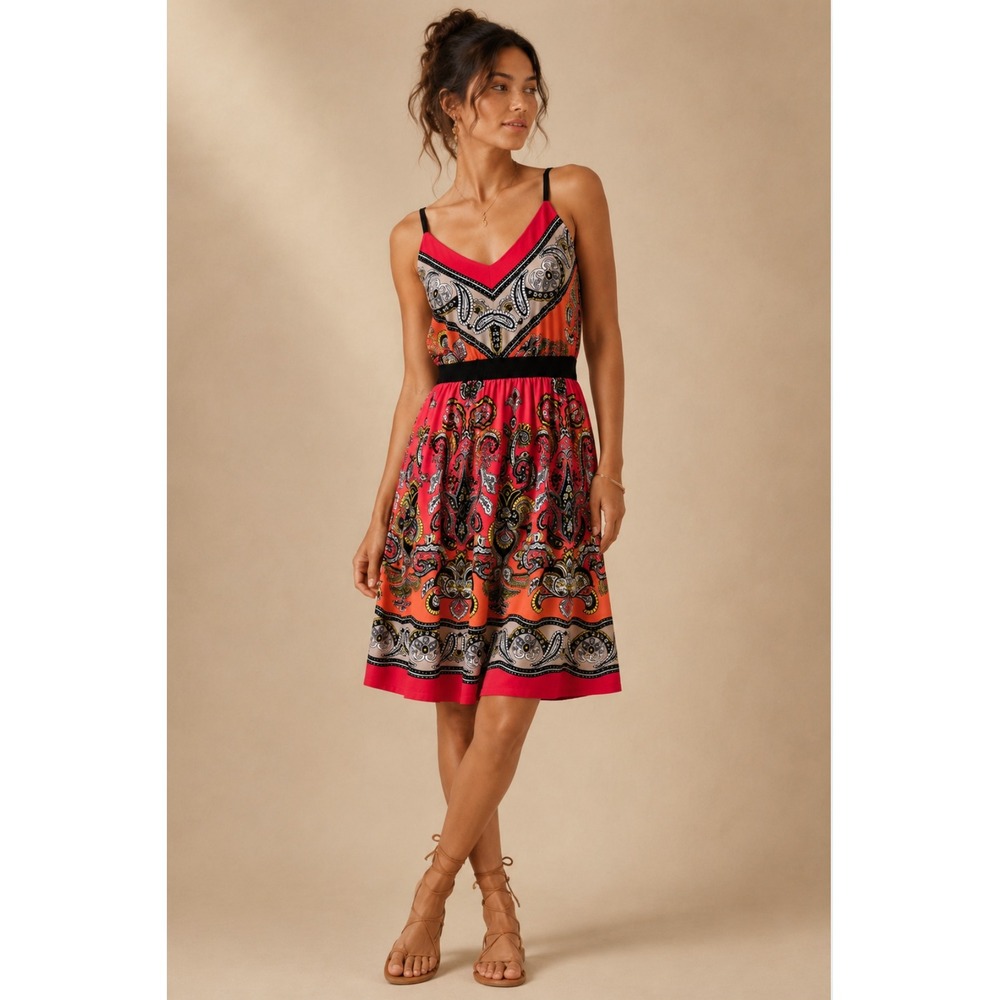 Bailey Blue Paisley Sun Dress Medium Pink Orange Paisley Empire Waist Boho Mini